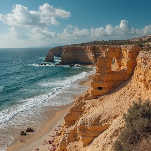 Coastline with cliffs rocky formations sandy beach people relaxing ocean waves