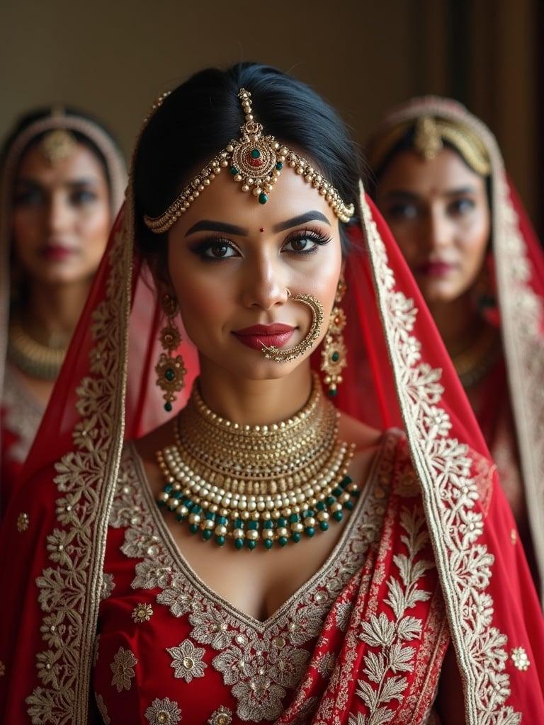 Marwadi women wearing traditional attire showcasing detailed embroidery. Colorful jewelry enhances the cultural heritage. Soft lighting focuses on the intricacies of traditional outfits.