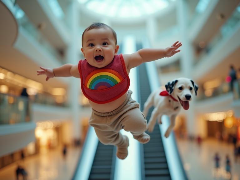 A baby wearing a rainbow bib appears to be falling downward. A Dalmatian puppy with a red scarf is also falling. The setting features a bustling mall with an escalator in the background. The atmosphere suggests playful chaos and innocence.