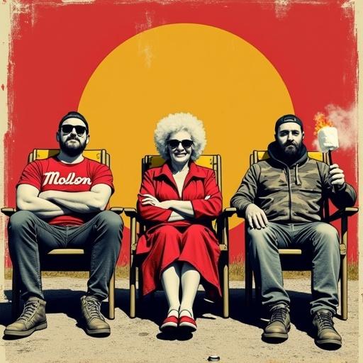 A gritty vintage propaganda-style poster illustration titled Salt Beef & Smoke – Lawn Chair League features three rugged Newfoundlanders sitting in lawn chairs on dirty gravel. In the center is a fierce older woman with a puffed white perm, black sunglasses, and a red housecoat over a t-shirt, arms crossed, wearing socks and sandals. On her left is a sunburnt man in a red Molson t-shirt and backwards cap, grinning. On her right is a bearded man in a camo hoodie, smoking a cigarette and holding a flaming marshmallow on a stick. Scattered beer cans and bottle caps litter the ground.