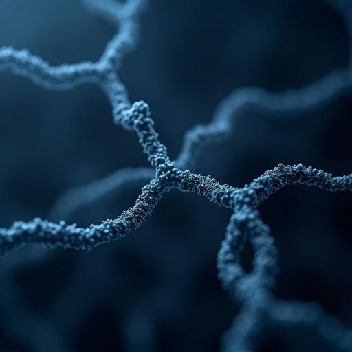 Subtle cellular grid or peptide chain pattern watermark in the background with low opacity. Modern design that is science-inspired.