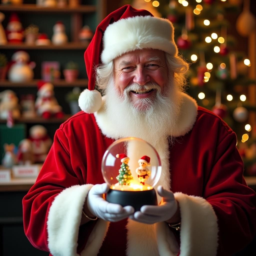 Image depicts Santa Claus in red suit holding a snow globe. The snow globe shows names 'Landry' and 'Ava'. Background is Santa's toy shop with decorations. Scene conveys warmth and Christmas spirit.