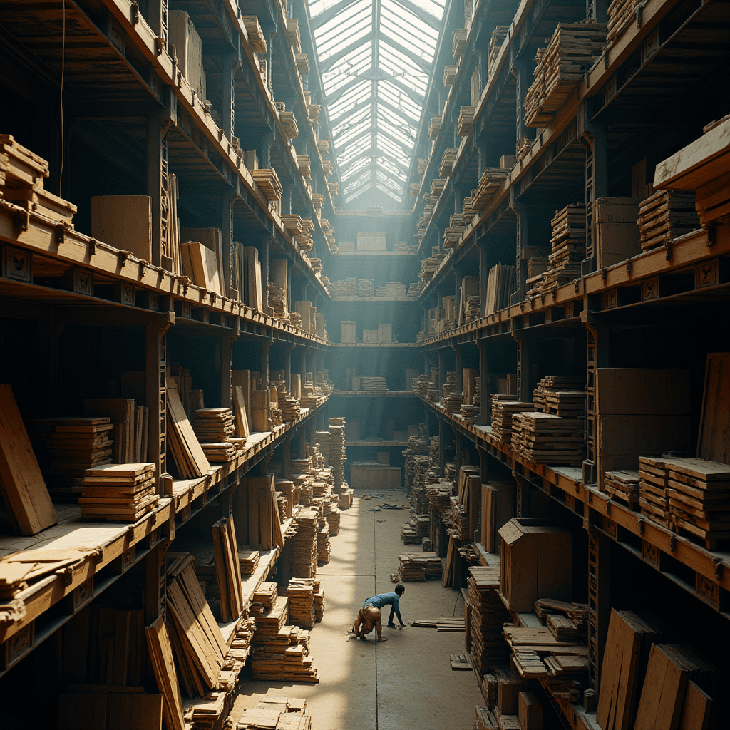 A spacious warehouse filled with stacks of wooden boards, where a person and a dog are exploring the aisle.