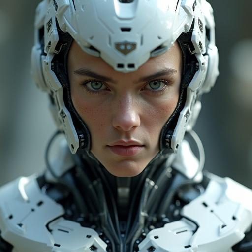 Portrait of a mechanical android. Centered composition with intricate and elegant design. Sharp focus and smooth textures. Rendered in high detail with Unreal Engine lighting.