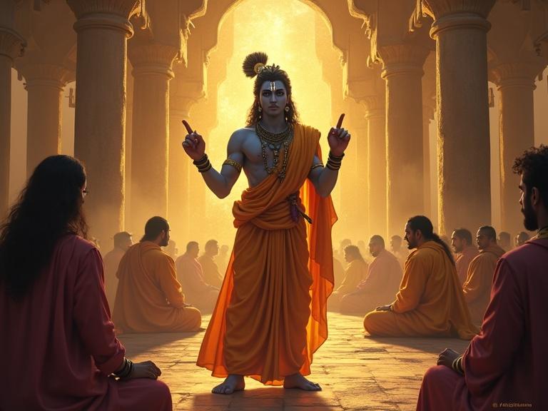 A Brahmin figure points angrily at another figure representing Krishna. The scene shows a sacred gathering frozen in time with expressions of disbelief on the faces of assembled individuals. The golden throne of Krishna is prominently displayed behind him. The setting features towering pillars that cast long shadows. The atmosphere conveys a contrast between divine calmness portrayed by Krishna and the mortal fury of Brahmin.