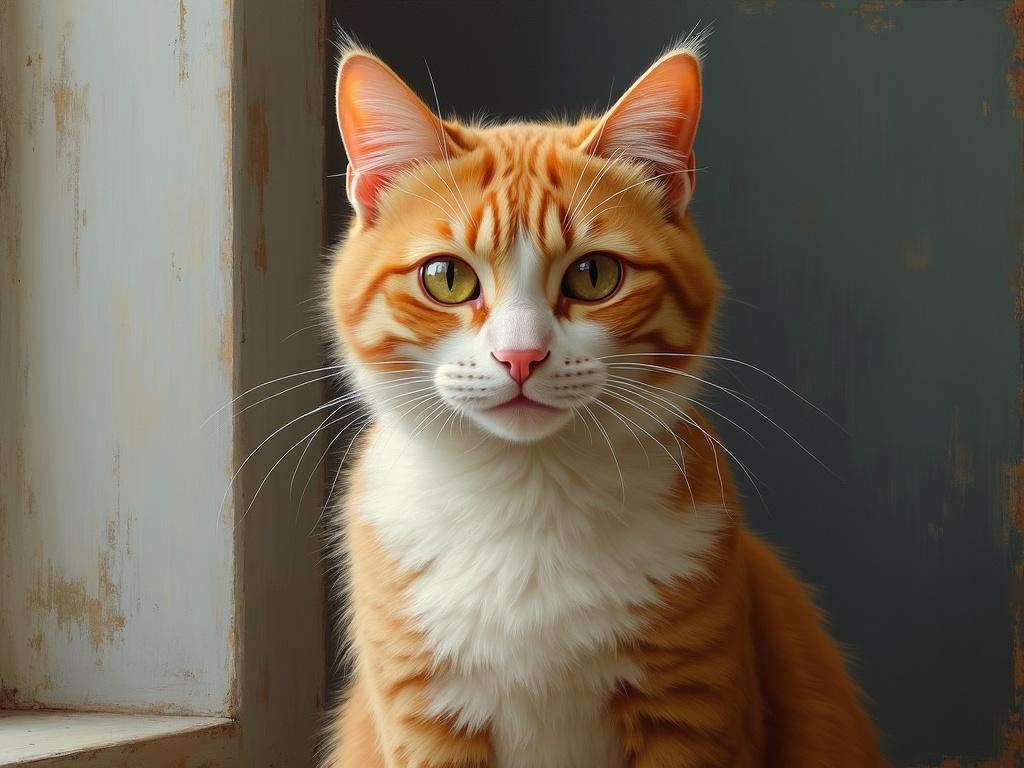 Portrait of an anthropomorphic cat depicted in oil painting style. Cat has orange fur and bright expressive eyes. Very realistic portrayal with detailed textures.