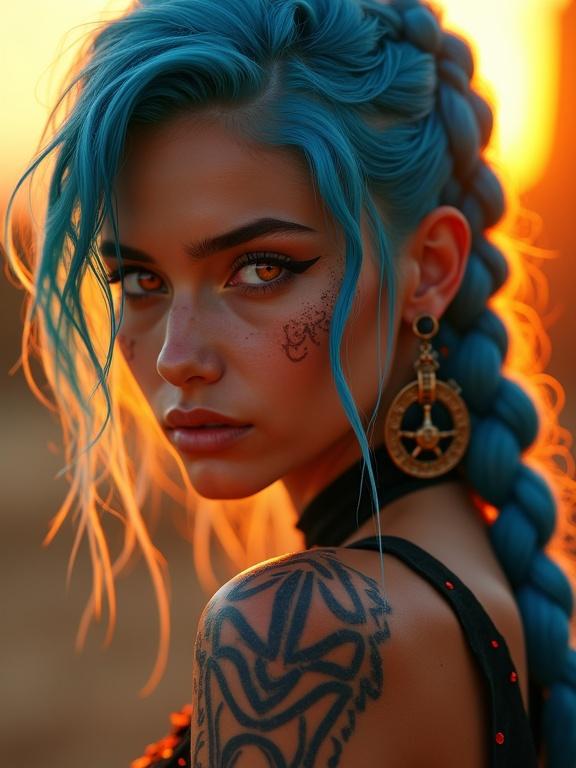 Young woman with blue hair in braids wearing a black top. Intricate tattoos on face and arm. Close-up portrait with warm backlit lighting. Intense expression.