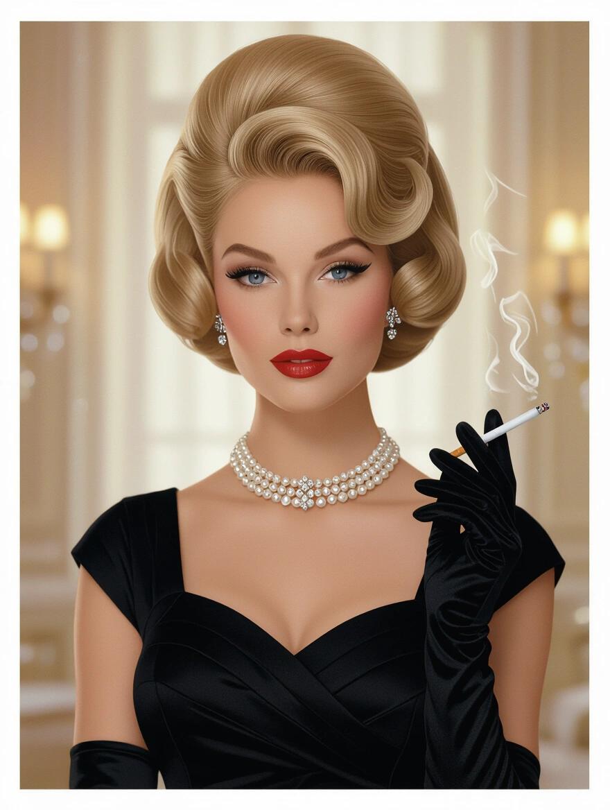 Stunning portrait of a 1960s woman with voluminous platinum blonde beehive hairstyle. She wears a delicate pearl necklace and diamond earrings. Makeup is flawless with winged eyeliner and ruby red lipstick. She is in a classic little black dress, accessorized with black gloves and high heels. The setting is a glamorous cocktail party with elegant decor and soft lighting. Rendered in Slim Aarons' iconic fashion style, capturing mid-century sophistication and leisure.