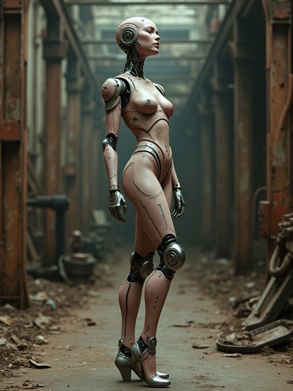 Dystopian fashion model as mechanical pinup doll with visible joints gears replacing limbs. Body poses like vintage pinup. Digital 3D modeling. Robotic pinup with industrial influences. Soft spotlight and flickering shadows from machinery. Colors include polished steel, soft pinks, worn copper. Mid-shot composition in a crumbling factory.