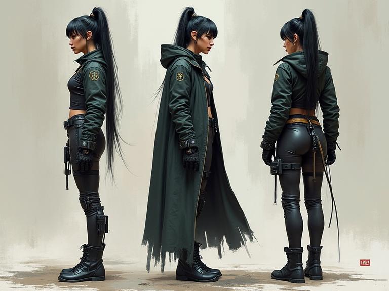 Female cyberpunk character design presented in a character sheet with athletic physique in three views: front, back, and side view.