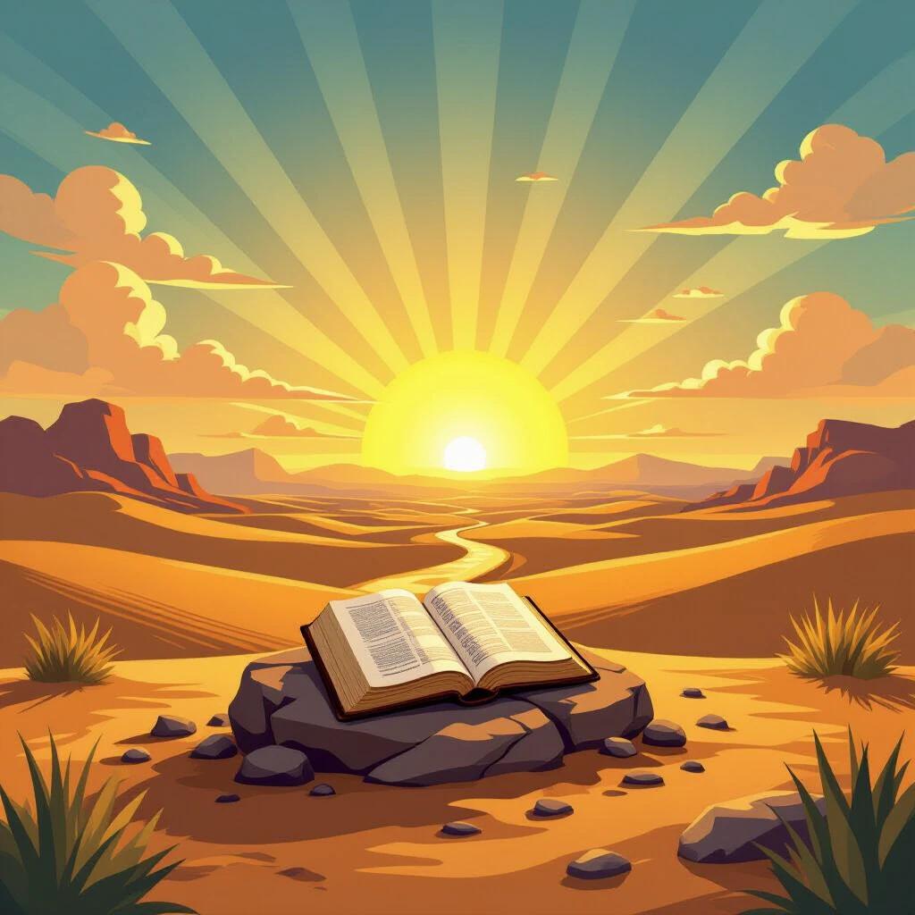 Illustration in a cartoon style depicting a peaceful desert landscape at sunrise. An open Bible is resting on a stone with golden light shining from above. Soft clouds and divine rays fill the sky creating a warm atmosphere. A path leads into the light. Clean space for channel name on the left.