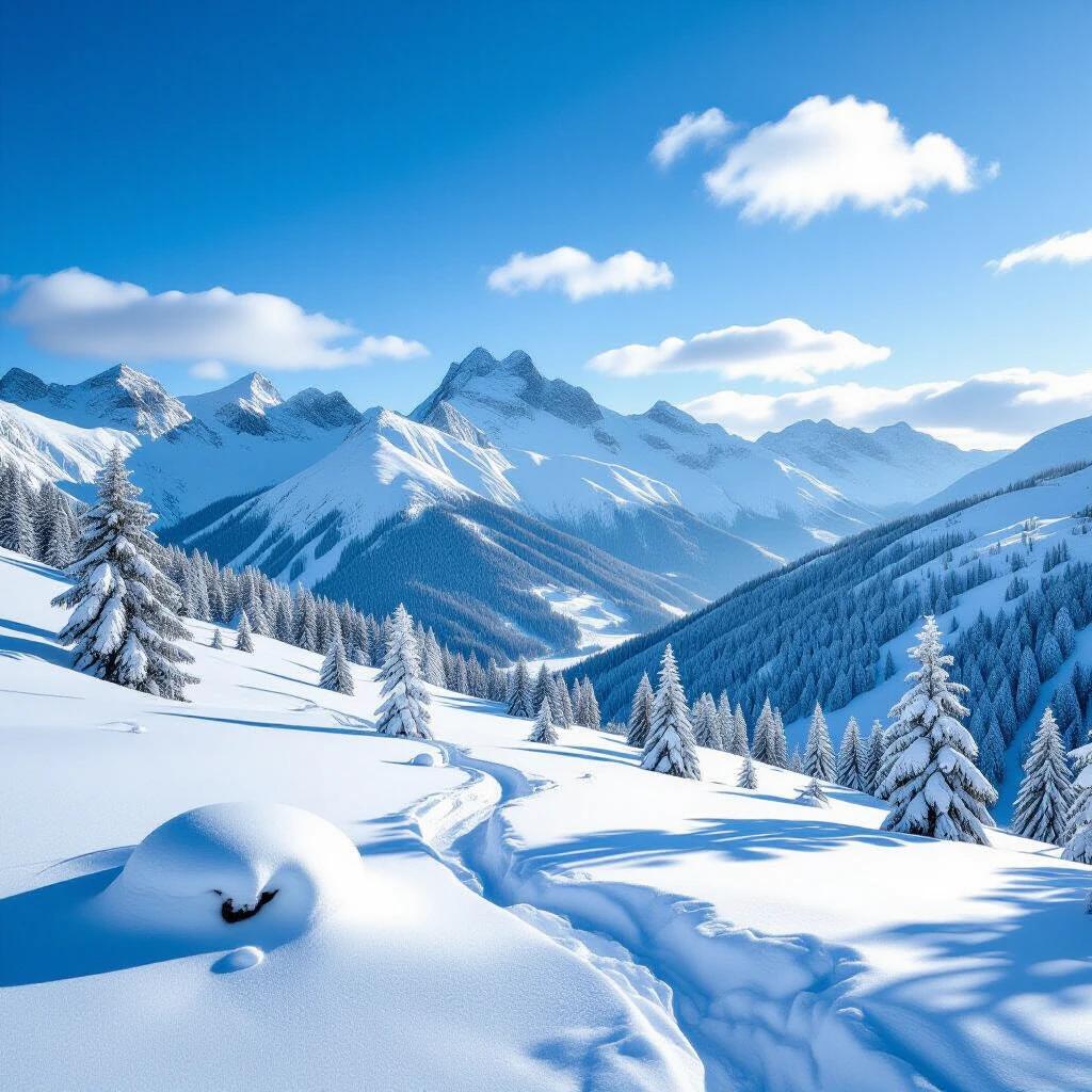 A snowy landscape featuring a wide expanse of snow-covered mountains and evergreen trees under a clear blue sky. Snowdrifts create a peaceful scene, leading the eye into the distance.