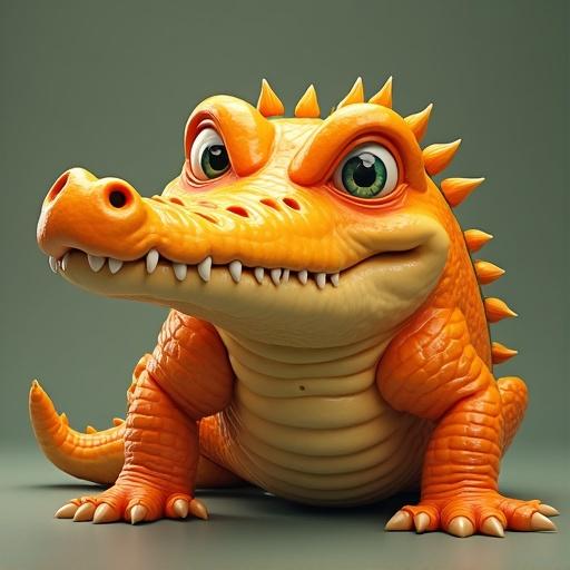 Cartoonish character that combines crocodile and orange. The character has a large head with bright eyes. Spiky back and scales on body. Designed in a playful and fun style.