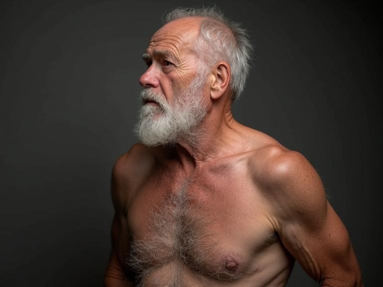 Elderly man with a thick beard and chest hair. Profile view showcasing muscular build. Soft lighting enhances facial features. Dramatic and artistic composition.