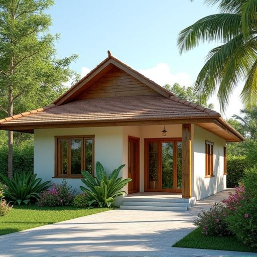 A hyper-realistic external view of a family house in a tropical setting. The house has a pitched wooden roof and large windows. The front yard features tropical plants and flowers. Bright sunlight creates a calm ambiance with clear skies.