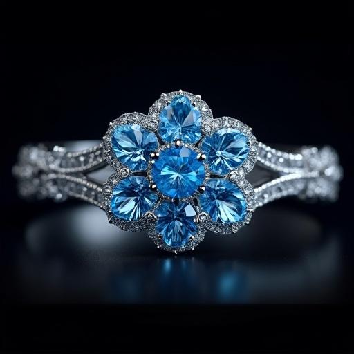 Breathtaking jewelry design showcasing a Corolla Blue Flower bracelet. Adorned with shiny diamonds and a unique artistic style. Features a single blue topaz at the center. Captured in dramatic lighting against a black background. Photorealistic details and high quality in 4k UHD.