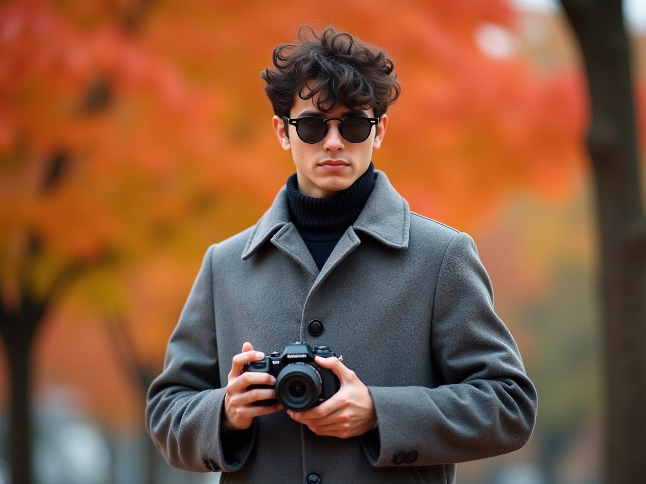 A young man stands outside, holding a camera in his hands. He is dressed in a stylish grey coat with a high collar and buttons. His hair is dark and curly, and he wears sunglasses that lend a cool vibe to his look. The background features blurred autumn leaves, showcasing vibrant, warm colors of orange and red. The scene has a sense of tranquility and artistic flair, suggesting a passion for photography.