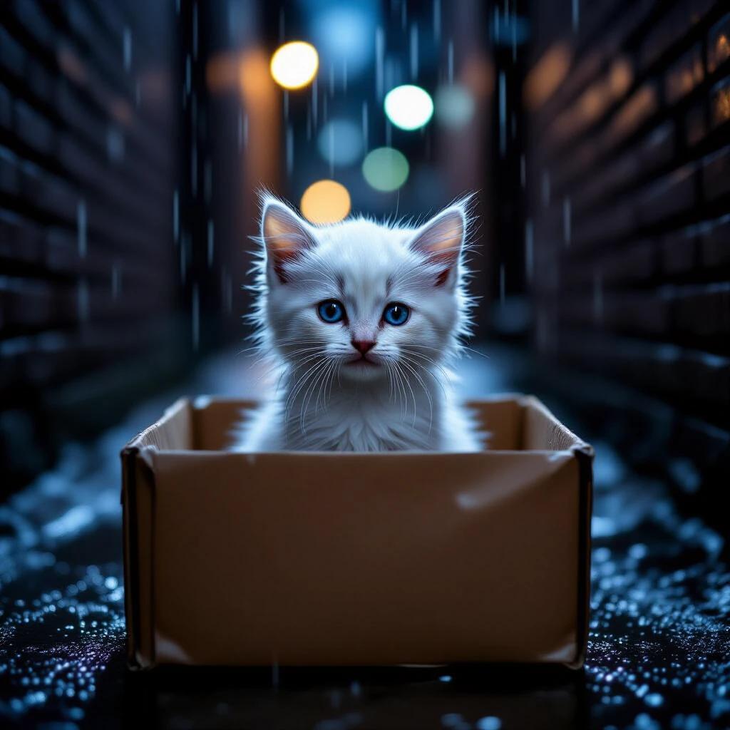 A small white kitten with blue eyes sits in a cardboard box. The kitten has wet fur. It's raining in a dark alley. The kitten looks scared and cold. The image captures a night setting with cinematic lighting.