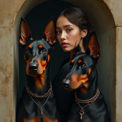 Create a high-detail portrait featuring a woman alongside two Dobermans. The woman shows one intense eye gazing forward. Her attire reflects an era like Victorian or 1920s. She wears a meaningful accessory. The Dobermans are black and tan, with one acting as a central narrative focus. The composition utilizes natural framing and contrasts to enhance emotional depth.