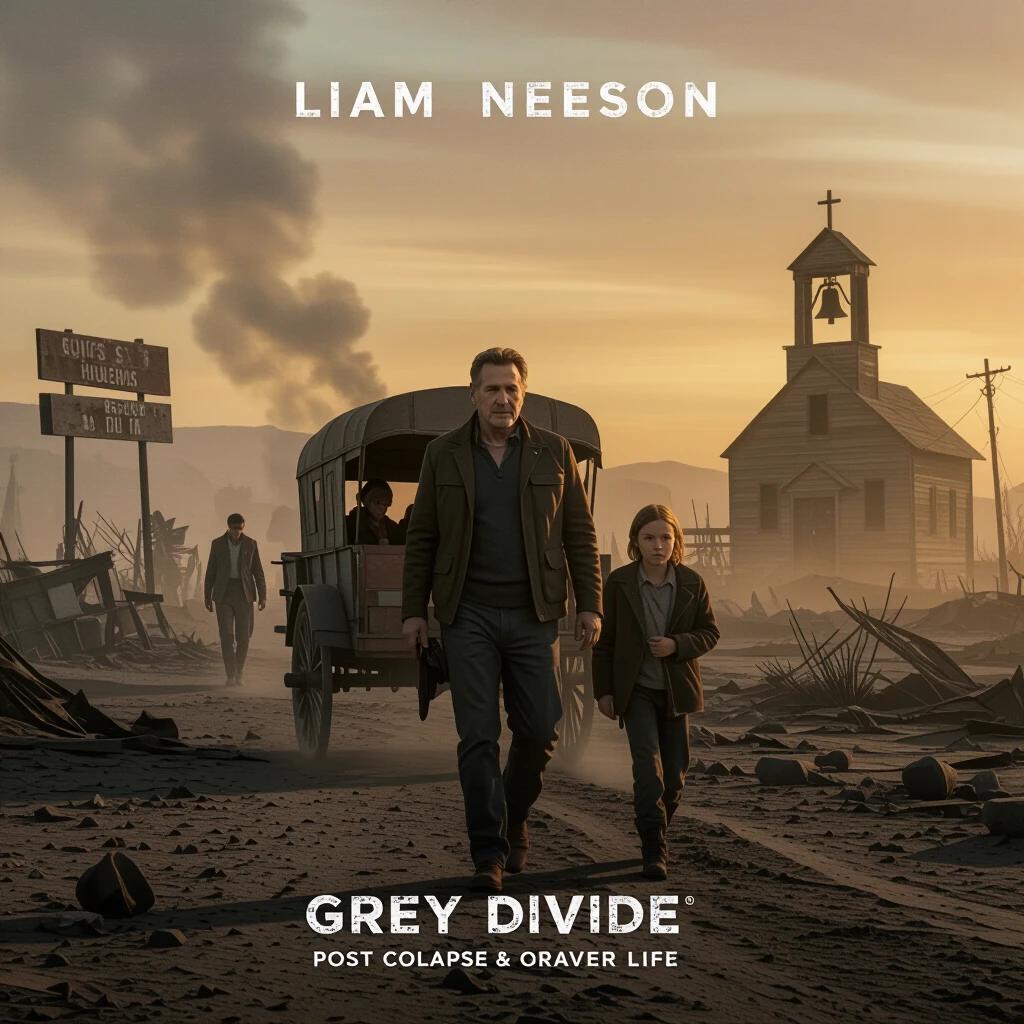 A wasteland protector guides orphans across scorched terrain. Neeson leads a caravan through ashes. Ruined civilization signs. A rusting church bell in the distance. Brown walks behind, clutching a child. Orange-gray dust chokes the skies.