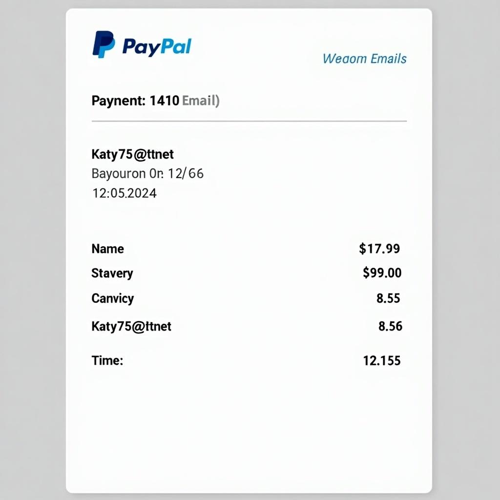 Image of PayPal payment receipt. Displays transaction information. Shows email and payment amounts. Receipt for online payment.