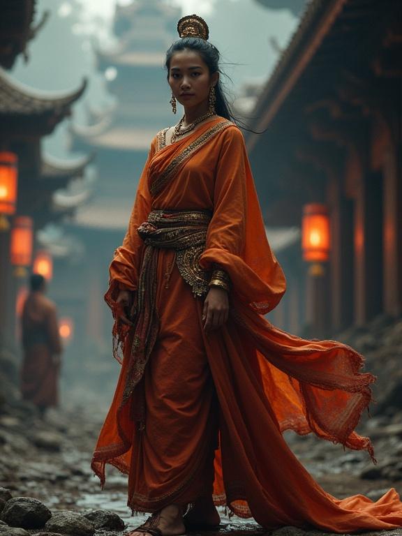 Character portrayed wearing ancient Burmese traditional dress. Low-angle shot emphasizing the full body. Dramatic lighting enhances the mystical background. Set in an ancient architectural environment with paths and lanterns.
