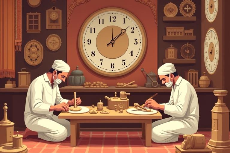 Illustration of Indian artisan workshop with master clockmakers carving wooden clock faces. The background includes tools, brass gears, and Rajasthani textiles. The color scheme is earthy terracotta and warm ivory, in flat vector style with soft shadows.