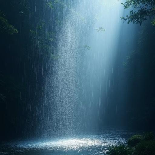Magical spray rain with bluish light illuminating the scene. Waterfall cascading down surrounded by greenery. Soft light beams creating an ethereal atmosphere.