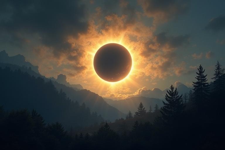 Landscape painting shows a total solar eclipse from a hilltop surrounded by a forest. The dark moon obscures the sun leaving a glowing corona. Ethereal light streams create patterns in the sky. The atmosphere is dramatic with dark clouds. Dominant colors include dark blues and grays with bright white and yellow highlights.