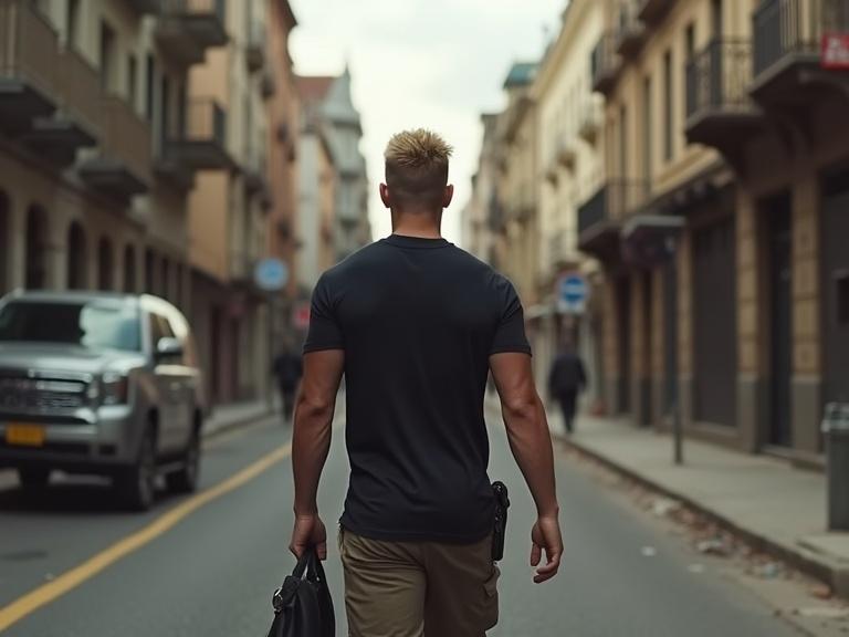 Muscular man with blond spiky hair walks away from the camera on a street in South America. He is fully clothed and appears to be an ex-special forces. A realistic urban scene is depicted.