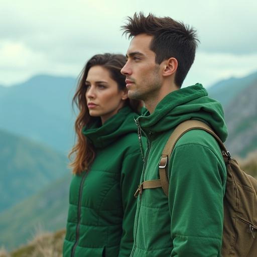 Young couple on a mountain wearing sky-green clothing. They appear focused and relaxed. Breathtaking mountain backdrop creates an adventurous atmosphere.