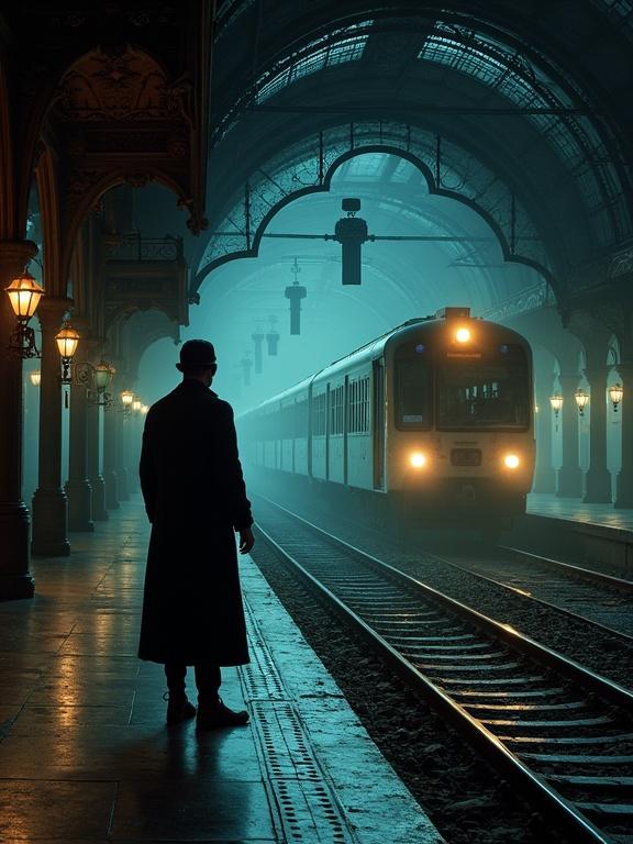A Belle Époque era train station at night with Art Nouveau ironwork. Dark and foreboding atmosphere. A spectral glowing train pulls into the station. Shadows stretch long and distorted. A lone figure in dark clothing stands on the platform waiting for the train.