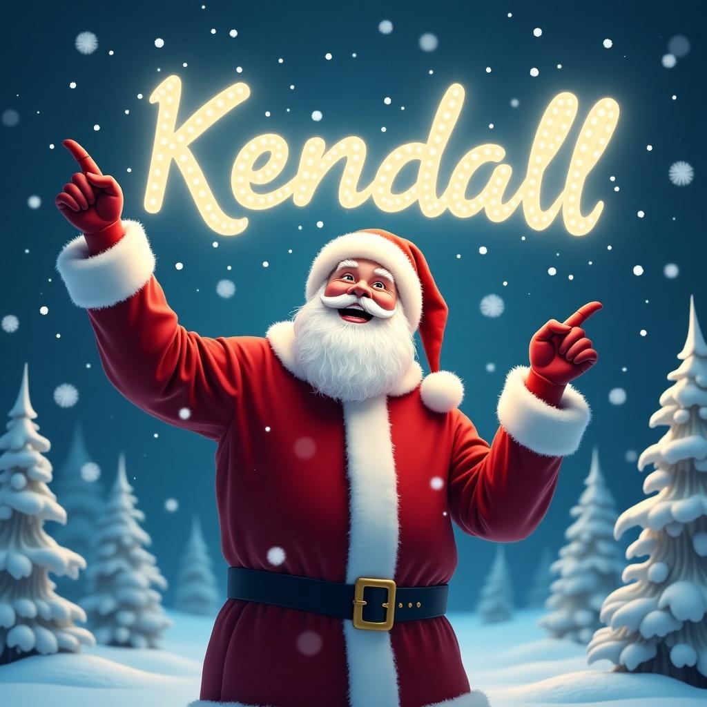 The image shows a joyful Santa Claus in a snowy landscape. He is wearing his classic red suit and hat. Santa is joyously pointing upwards with a big smile. Above him, the name 'Kendall' shines brightly in the night sky. Snowflakes gently fall around him, creating a magical winter scene. Snow-covered trees are in the background, enhancing the festive vibe. The image captures the essence of Christmas celebration and joy. It is suitable for holiday-themed decorations or greetings. This delightful scene invites smiles and warmth during the festive season. It's perfect for personalized holiday messages.