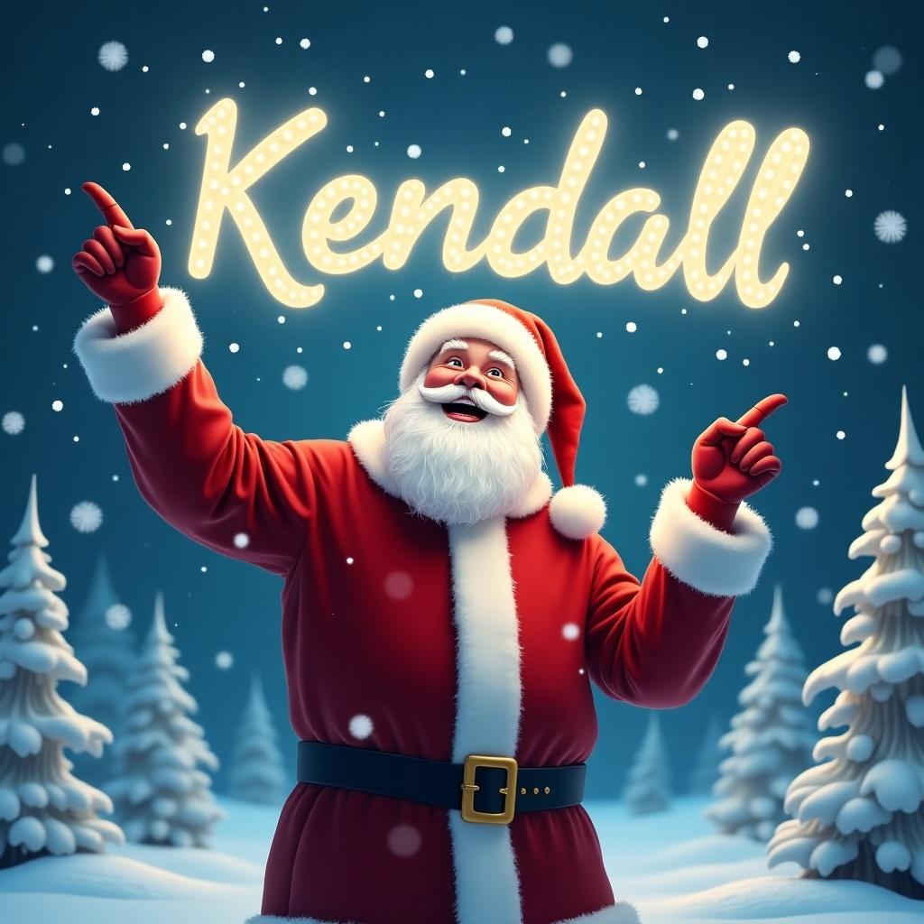 The image shows a joyful Santa Claus in a snowy landscape. He is wearing his classic red suit and hat. Santa is joyously pointing upwards with a big smile. Above him, the name 'Kendall' shines brightly in the night sky. Snowflakes gently fall around him, creating a magical winter scene. Snow-covered trees are in the background, enhancing the festive vibe. The image captures the essence of Christmas celebration and joy. It is suitable for holiday-themed decorations or greetings. This delightful scene invites smiles and warmth during the festive season. It's perfect for personalized holiday messages.