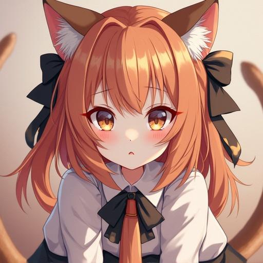 Portrait of a cat girl with orange hair and cat ears. She has a cute expression and wears a white shirt with a bow tie. The background has soft colors.