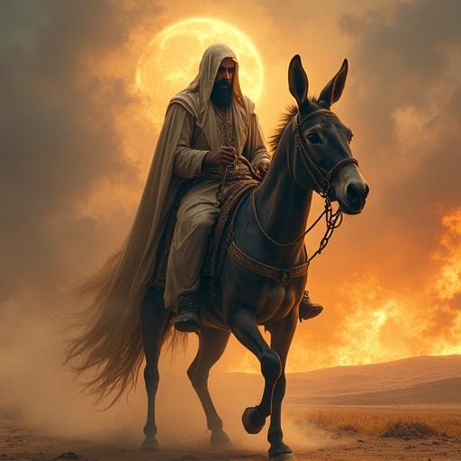 A hooded figure rides a horse against a sunset backdrop. The scene conveys mystery and power. The horse exudes strength. The sky radiates vibrant colors hinting at an otherworldly presence. The atmosphere captures the essence of deception.