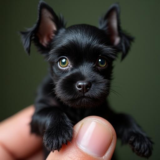 Photorealistic miniature schnauzer balancing on fingers. Dog appears very small, like a thumbnail. Background is a green eye with detailed iris. Macro image showing intricate details.