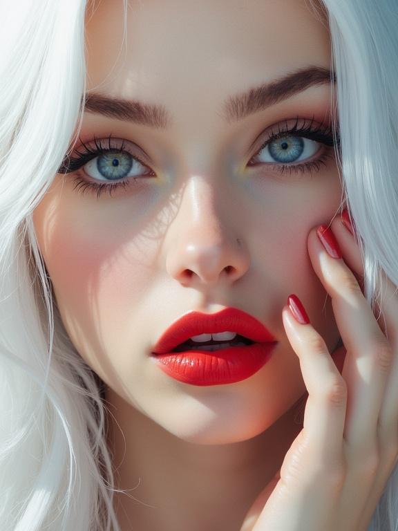 Close-up of a beautiful woman with long, straight white hair and large blue eyes. She has thick, red lips and is making a facial expression with her mouth open and her tongue out, pointing at her mouth with one finger while looking directly at the observer.