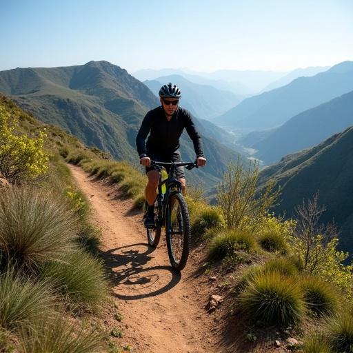 A mountain biker rides on a landscape trail surrounded by mountains and valleys under clear skies. The scene captures the essence of outdoor adventure. The focus is on the biker navigating the path.