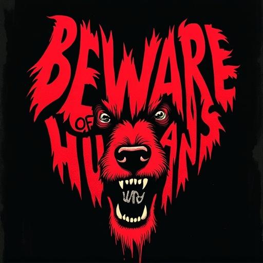 Striking poster-style illustration featuring the text 'beware of humans' morphing into a dog's face. The letters form a heart shape with vibrant red color against a black background. Small snarling human graphic integrated within the dog's mouth. Menacing expressions create a chilling effect.