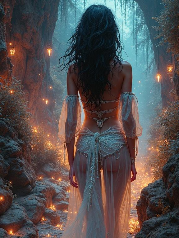 A woman in a sheer outfit stands in an ethereal landscape. The scene features soft glowing lights and a mystical atmosphere. Surrounding nature elements create an enchanting vibe. The overall style is reminiscent of fantasy illustrations and cinematic worlds.
