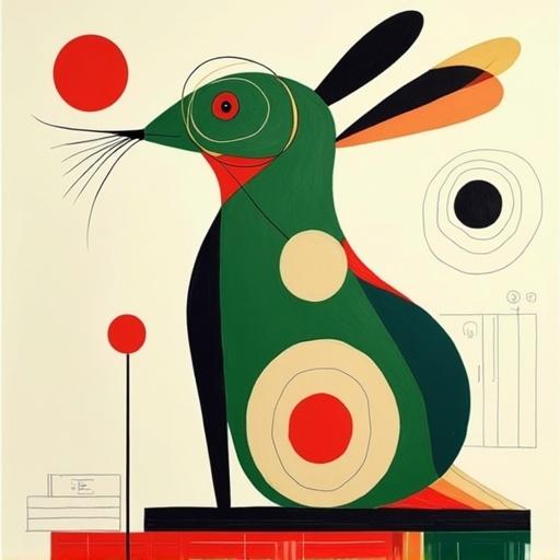 Artwork features a stylized rabbit in Joán Miró's style. The color palette includes green, red, blue, and white. The rabbit is illustrated with geometric shapes and flowing lines. Dominant circular motifs surround the rabbit. The design emphasizes abstract forms and colors.