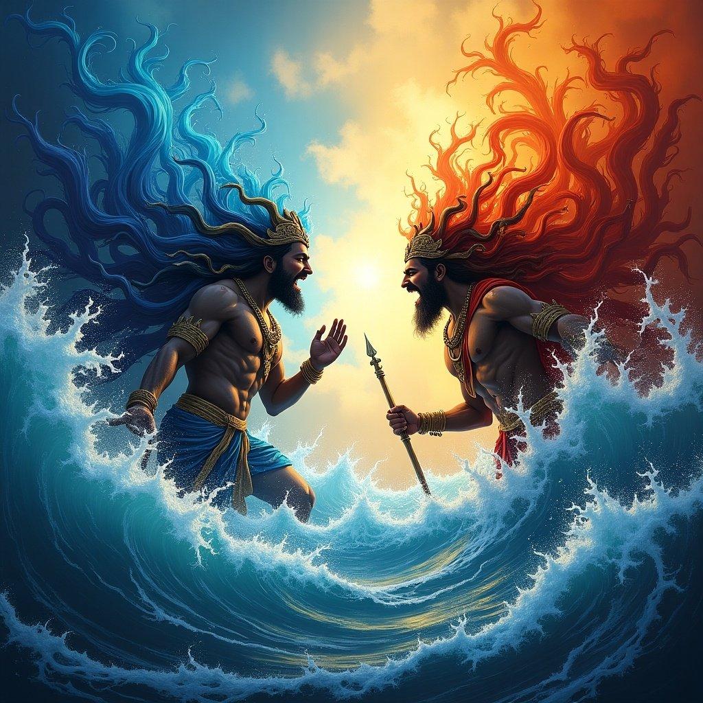 Devas and Asuras represented with vibrant hair colors engaged in a cosmic battle in a swirling ocean. Vibrant colors depict intense emotions. Ocean waves symbolize challenges faced. Mythological elements reflect themes of perseverance and spiritual struggles.