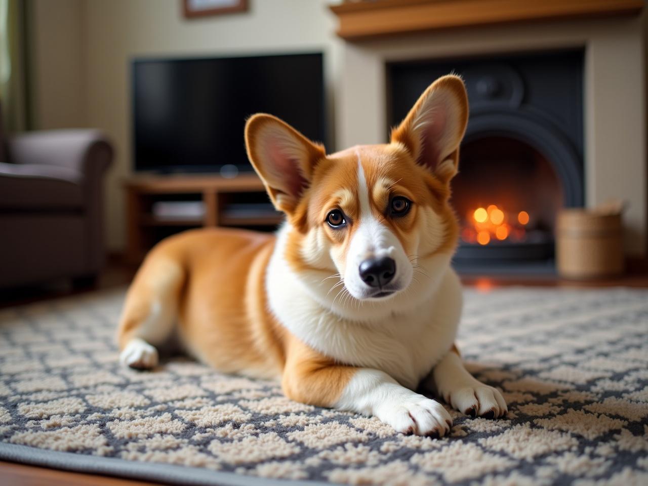 The image features a dog lying on a patterned rug in a living room setting. The dog has a distinctive orange and white coat, typical of a corgi breed. In the background, there is a television, and a cozy fireplace with glowing embers adds warmth to the scene. The surrounding furniture includes a couch and a coffee table. The atmosphere appears comfortable and inviting, ideal for relaxation.