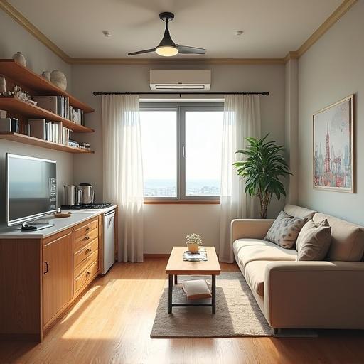 A small student apartment featuring a kitchen and a modern living area with a sofa and TV. The design is sophisticated with wooden elements in a bright space.