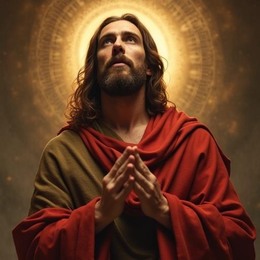 Image of Jesus Christ in prayer. Figure has long hair and beard. Wearing a red robe. Praying with clasped hands. Surrounded by a glowing light.