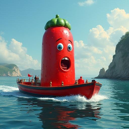 A large red pickle-shaped character with a surprised expression sailing on a boat in bright sunny weather with a scenic backdrop of hills and water.