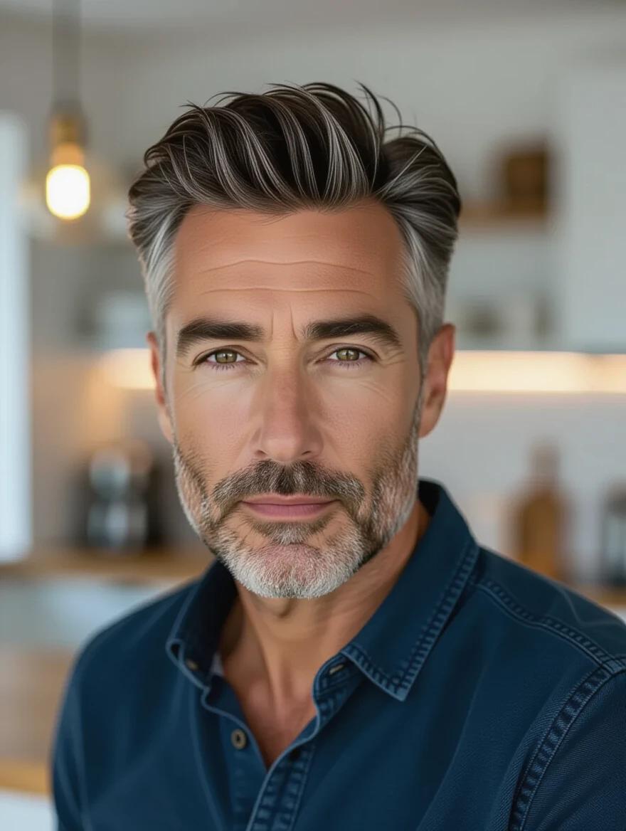 Stylish gray-haired man in his 40s with a defined jawline and stubble. Dark blue casual shirt worn. Directly staring into the camera with a confident expression. Modern kitchen interior visible behind him with soft lighting and blurred kitchen appliances.