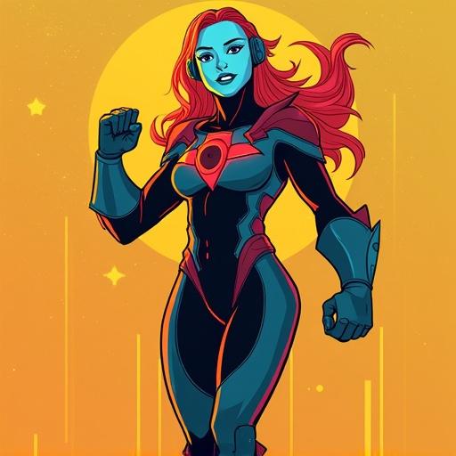Illustration of a superhero character named Aerial Champ in an elemental art style. The character has bright yellow, red-orange, blue, and black color palette. The superhero is depicted striking a powerful pose against a bold background.
