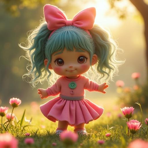 Kawaii doll character with big pink bow and dress standing in a flower field under warm sunlight. Soft pastel colors and whimsical vibe. Surrounding flowers add to the magical atmosphere.